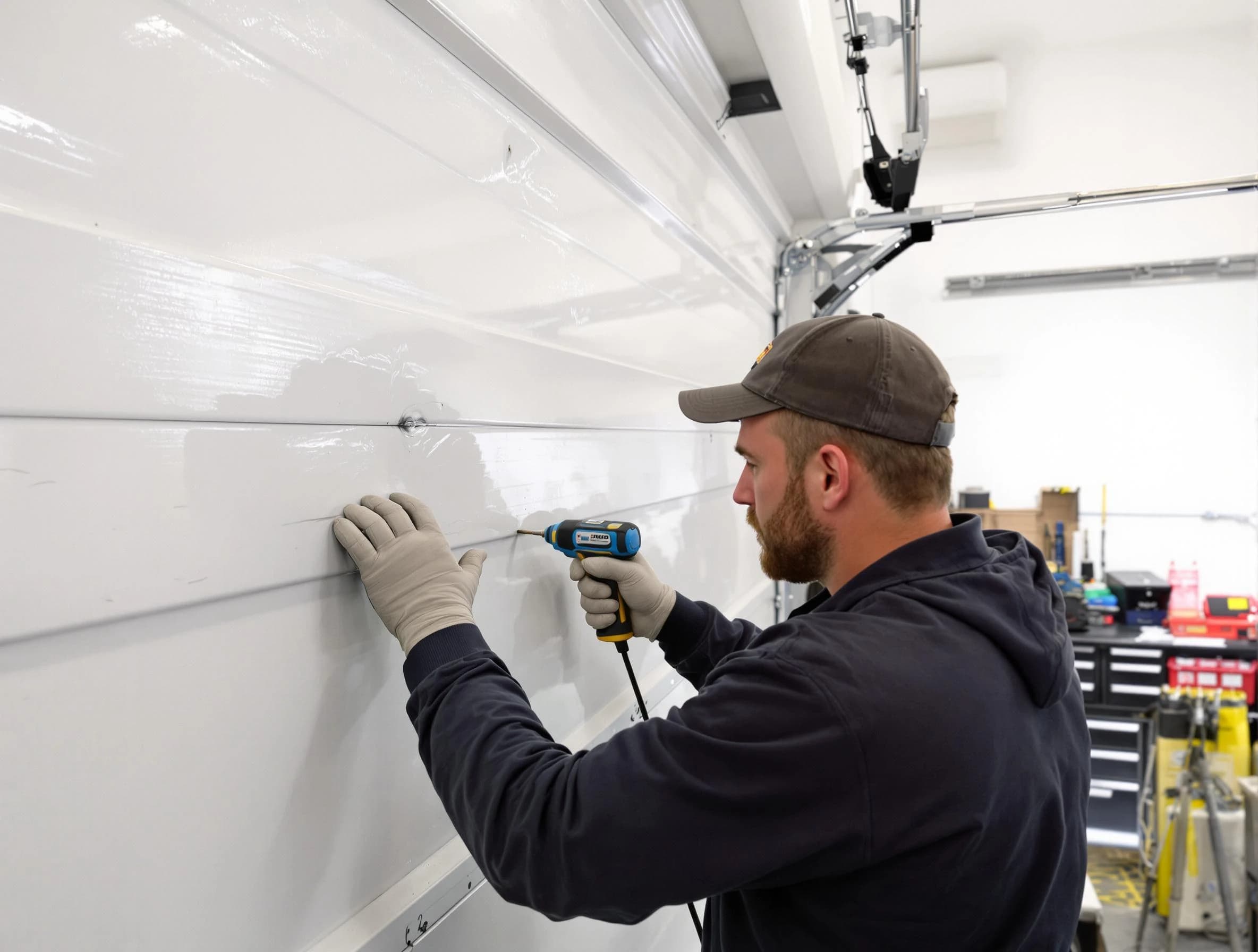 Denver Garage Door Repair technician demonstrating precision dent removal techniques on a Denver garage door